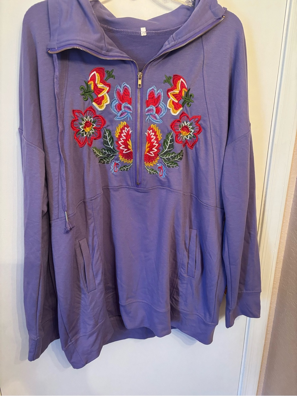 Purple Embroidered Half-Zip Hoodie Sweater